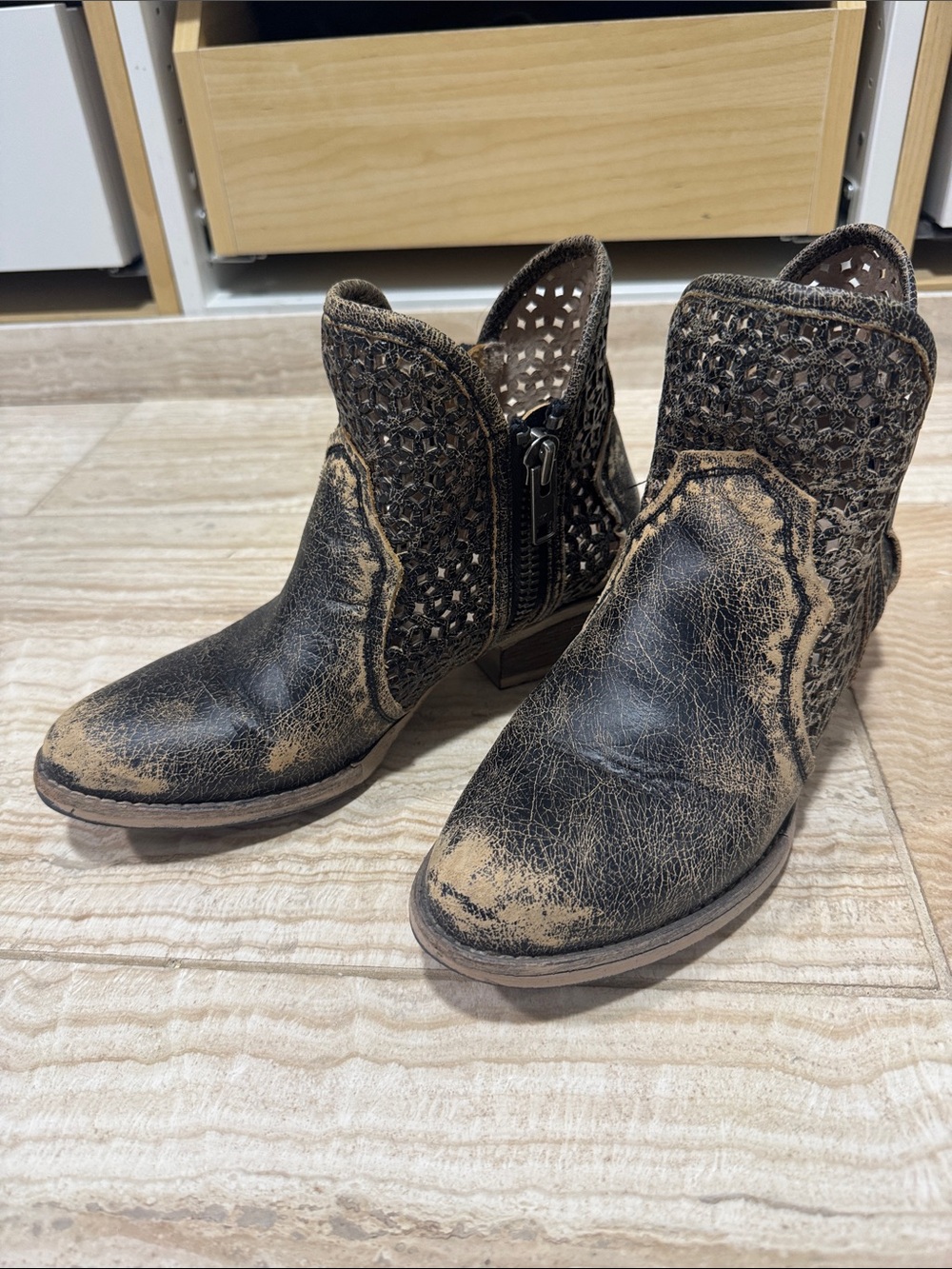 Circle G Distressed Black and Tan Woven Ankle Booties